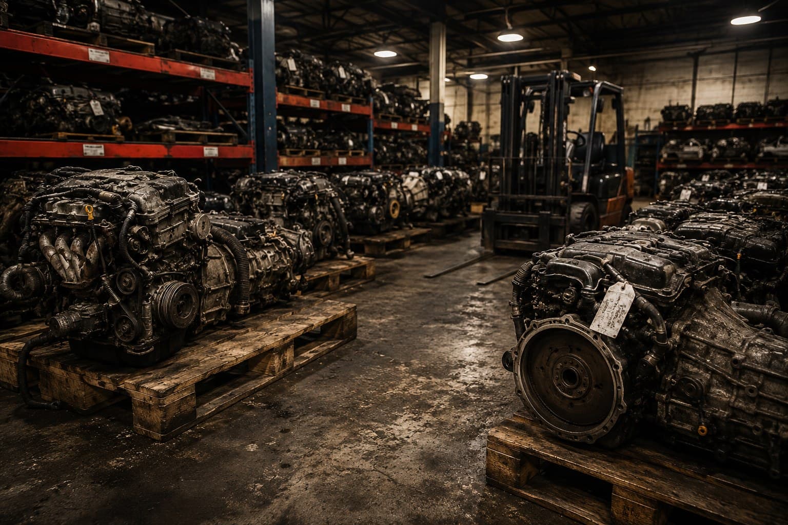 Quality used engines and transmissions stacked at Auto King warehouse in Willows, California